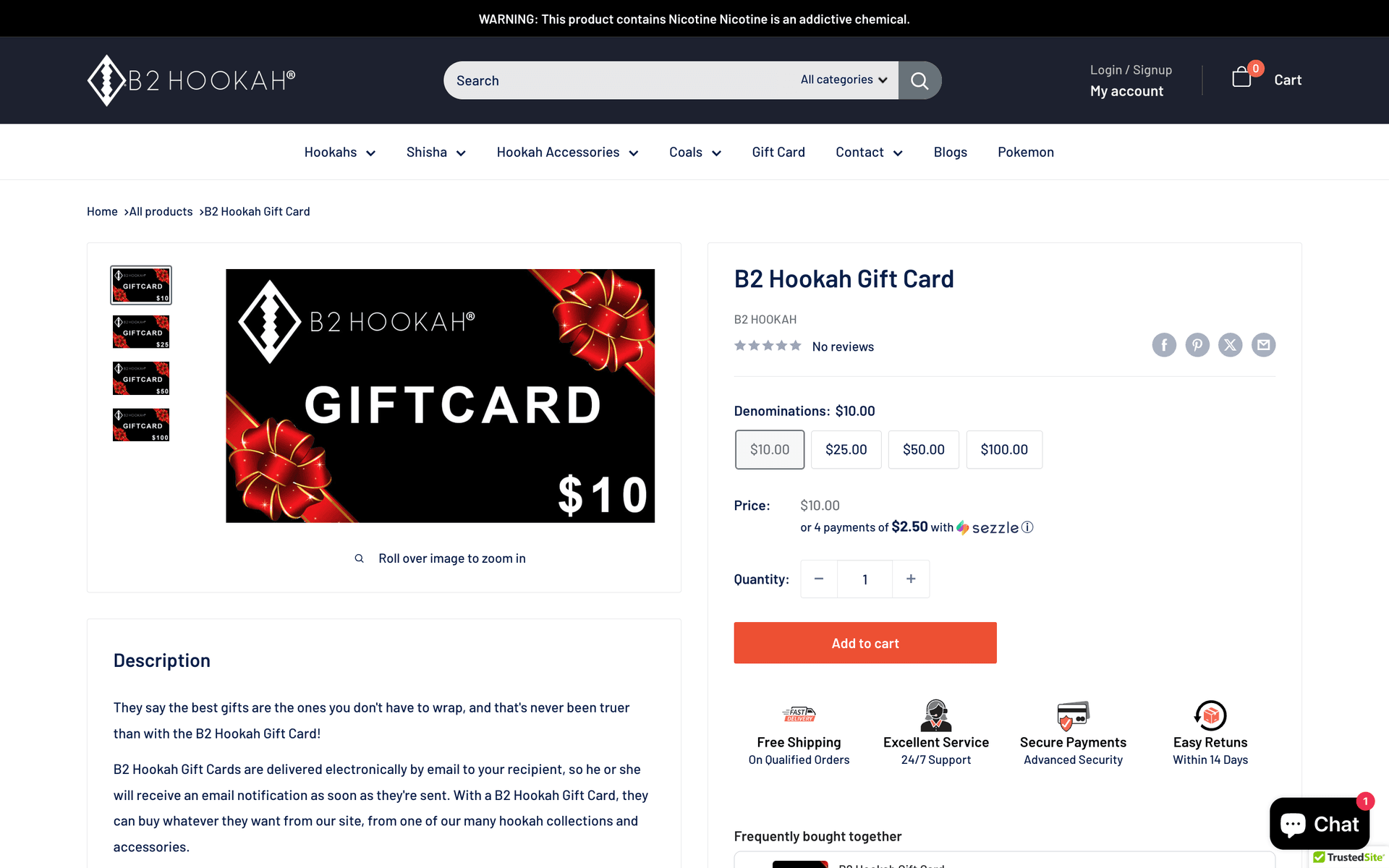 B2 Hookah Gift Card product detail page with $10 to $100 denomination selector, Sezzle four-payment installment option, Add to Cart button, and a row of trust badges covering free shipping, 24/7 service, secure payments, and easy returns